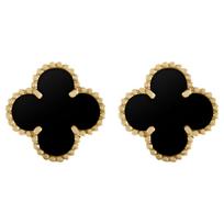 Auksiniai keturlapio dobilo formos auskarai su juodu oniksu - sidabras 925, paauksuoti 24k auksu beige