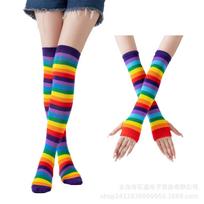 Rainbow Knitted Stocking Gloves High Socks Polyester Cotton Knee Socks Women'S Colored Striped Gloves Stocking Set One Size