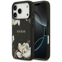 Guess Grained Flowers Klasikinis Logotipas MagSafe dėklas iPhone 17 Pro - juodas