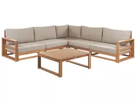 Sodo kampinė sofa su staliuku 5 žmonėms TIMOR Šviesiai ruda Sertifikuota akacijos mediena Modulinė