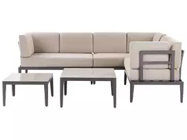 Sodo kampinė sofa su staliuku 6 asmenims RIMA III kairinė smėlio spalvos metalinė modulinė