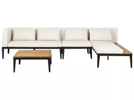 Sodo kampinė sofa su staliuku 4 asmenims BRACCIANO Kairinė šviesiai smėlio spalvos, sertifikuota akacijos mediena