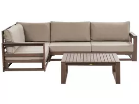 Sodo kampinė sofa su staliuku 4 asmenims TIMOR, dešininė, tamsiai ruda, sertifikuota akacijos mediena, modulinė