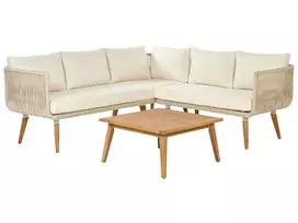 Sodo kampinė sofa su stalu 5 asmenims ALCAMO kairinė, šviesiai smėlio spalvos, akacijos mediena