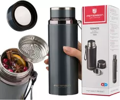 „Peterson“ 750 ml termopuodelis karštiems ir šaltiems gėrimams su sieteliu ir riešo dirželiu, pilkas, nerūdijantis plienas