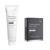WhiteWash burnos priežiūros rinkinys – balinanti dantų pasta 125 ml + hidroksiapatito dantų siūlas 25 m