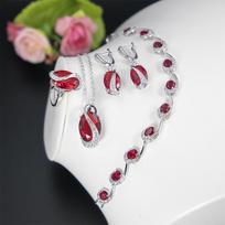 Ruby Earrings Four Piece Set with Diamonds Red Zircon Necklace Jewelry Set Bridal Necklace Earrings Set size 6