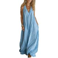 Vasarinė suknelė be rankovių, ilga, moterims, boho, V formos iškirpte, paplūdimio, laisva, vasarinė suknelė, laisvalaikio, A silueto, ilga suknelė M beige