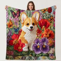 1PC Corgi & Floral Butterfly Print Thickened Flannel Blanket, Soft Warm Cozy Throw Blanket, Great Gifts for Home & Adults Kids Size: 75*100cm, Weight: 230 GSM