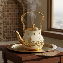Turkish Golden Teapot Finish Arabic type Engraved Design Ornate Tea Kettle White White