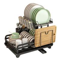 Kitchen Accessory 2-Tier Metal Dish Drying Rack with Drain Board 360-Degree Rotatable Double-layer Drainer Anti-Rust Coating No Installation juoda