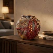 Decorative Flower Pot Gilded Bronze Finish Tabletop Planter Raised Floral Relief Resin