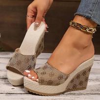 Fashion Peep Toe Wedge Heel Slippers for Women Plus Size Fashion Embroidery Chunky Platform Sandals Woman Summer Thick Sole Beach Slides 36 chaki