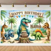 Cute Cartoon Dinosaur Birthday Backdrop, Customizable Name Tropical Jungle Party Background for Boys Room & Photoshoot 47.2x31.5inch/120*80cm