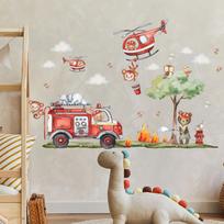 Kids Room Wall Stickers Cartoon Animal Fire Fighting Truck Art Removable Nursery Decor for Boys Girls Multicolor