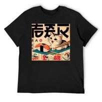 Japanese Vintage Poster: 1950s Retro Sushi Cat T-Shirt Plus Size Tops Anime T Shirts Mens Cotton T Shirts S įvairiaspalvis
