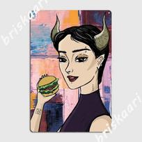 Taurus Girl With Burger Metal Plaque Design Wall Cave Wall Decor Kitchen Design Tin Sign Poster 20X30CM