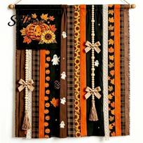 Home Garden Wall Ornaments Halloween Rag Banner, Orange Black Skull Ghost Pumpkin Hanging Decoration, Rustic Seasonal Festival Gift Fabric Stripe pumpkin