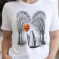 Ghost with Jack-o'-Lantern Balloon T-Shirt | Halloween Tee, Spooky Illustration, 8 colors, scary graphic 3XL