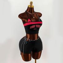 Summer New Spicy Girl Letter Printed Inner Strap Hanging Neck Bareback Top Women's Tight Sexy Shorts Two Piece Set S juoda