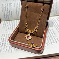 Ancient Hollow Carving Cloth, Wind Point Diamond, Pink Sapphire Four-Leaf Clover Double Chain Necklace, Paper Kite Brushed Hook Ring