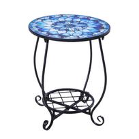 14 Inch Round Metal End Table Storage Shelf Anti-Rust Round Accent Table Bedside Plant Stand for Garden Patio Porch Living Room dangaus mėlyna spalva