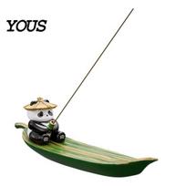 Fishing Panda Incense Stick Holder Holder, Leaf Boat Burner, Decorative Ash Tray for Yoga Meditation Spa Room Decoration Resin Panda