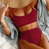 Moteriškas seksualus geltonas U formos bikini dviejų dalių maudymosi kostiumėlis su aukštu juosmeniu S bordinė