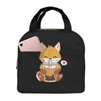 Cute Fox Drinking Milk Tea Lunch Box Waterproof Thermal Cooler Food Insulated Lunch Bag Kids for Kids Portable Picnic Tote Bags One Size