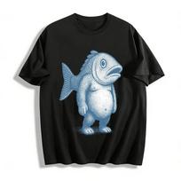 Weird Fish Head Human Body Graphic Casual Short Sleeve T-Shirt Pure Cotton T-shirt S įvairiaspalvis