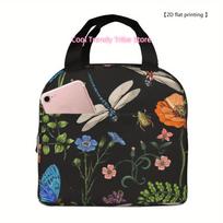 1pc Portable Reusable Cooler Bag with Vibrant Floral Butterfly Dragonfly Print - Durable Polyester Top-Handle Lunch Tote for Off One Size