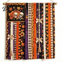 Polyester Party Supply Halloween Rag Banner, Orange Black Skull Ghost Pumpkin Hanging Decoration, Rustic Seasonal Festival Gift Fabric Stripe Skull