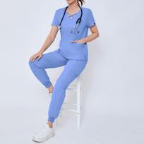 Women's Short Sleeved Solid Color Cross Neck Pocket Top Pants Work Clothes Two-Piece Set L