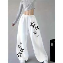 Women's Star Printed Elastic Wide Leg Jogging Pants with Elastic Waist, Casual and Simple Trendy Pants S