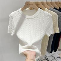 Womens Cable Knit Short Sleeve Sweater Crew Neck Slim Fit Knitted Top onesize balta