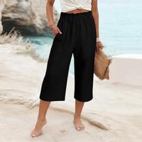 Womens Baggy Cotton Linen Pants Elastic Waist Casual Loose  Summer Beach Vacation  Pants XXL juoda