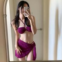 2024 New Bikini Set White Enhancing Thermal Spa Beach Swimming Suit Women's Three-piece Cover-up Vacation Swimwear S (recommended 49-55kg ) violetinė