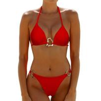 2Pcs/Set Women Bikini Set Sexy Solid Color Halter Bra High Waist Swimming Briefs S raudona