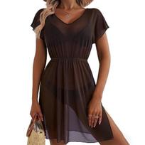 Bikini Cover Up Mesh Lightweight Sheer V-Neck Short Sleeve Beach Dress with Elastic Waist Design Anti-UV Swimwear Cover Up S kava