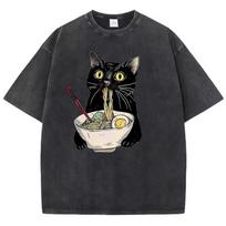 Unisex Hip Hop T Shirt Vintage Washed 100% Cotton T-Shirt Black Retro Cat Eating Ramen Graphic Tee Casual Streetwear L juoda