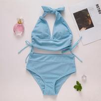 Women's Swimwear Solid High Waist Sexy Halter Bikini Brazilian Beachwear Bathing Suits S mėlyna
