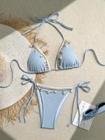 Women's Swimsuit Solid Halter Side Tie Bikini Suit Beachwear Bathing Suits with Shell S mėlyna