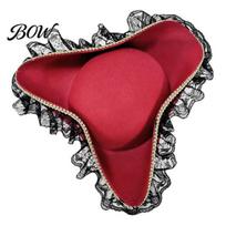 Costume Prop Hat Halloween Pirate Hat, Captain Accessory, with Burgundy Lace Vampire And Feathered Decor, Lightweight Vintage Style Buccaneer Cap A