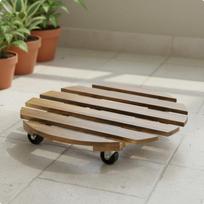 Round Planter Stand with Wheels Carbonized Wooden Floral Pot Indoor Outdoor Use 25x25x6-5cm