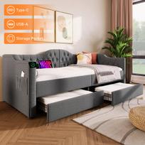 Polsterinė sofa-lova 90x190 cm su USB C ir 2 stalčiais, pilka linen, be čiužinio