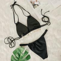 European & American Multi-color Halter Bikini with Rhinestone Pendant - Sleeveless, Bandage Style, and Split Design. Large juoda