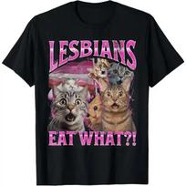 100% Cotton Lesbians Eat What?! Funny Cat Gay Pride LGBTQ Pun T-Shirt M