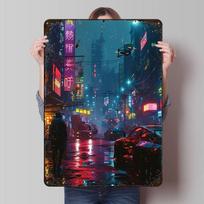 Cyberpunk Metropolis Printed Posters Customizable Wall Art Retro Vintage Metal Tin Signs for Home Room Garage Decoration Gaming 20X30CM blue