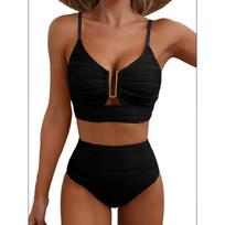 New European and American Split Bikini Metal Buckle Solid Color Gathering High Waist Thin Bikini Swimsuit Women S juoda