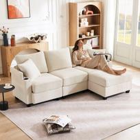 L formos sofa su pufu, USB, gėrimų laikiklis, 2 pagalvės, beige